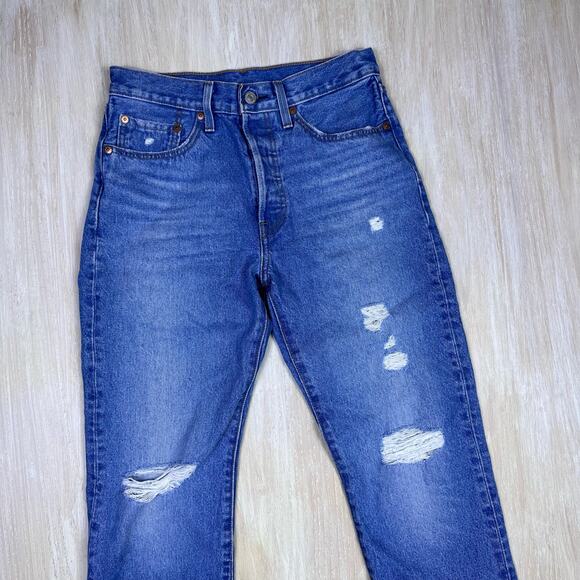 Levi's 501 Distressed Ripped Button Fly High Rise Denim Jeans Women's 26x30 - Picture 2 of 16